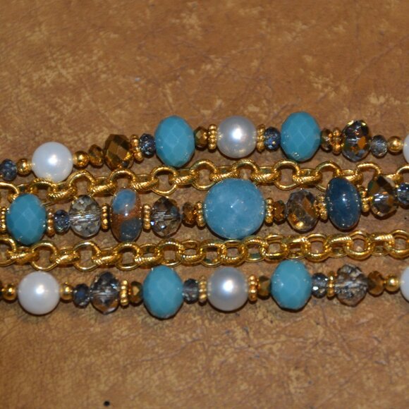 RARE VINTAGE JOSE & MARIA BARRERA TURQUOISE CRYSTAL PEARL GOLD STRAND BRACELET - Picture 3 of 11